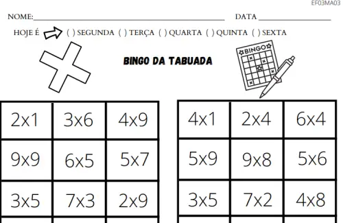 atividade bingo da tabuada 